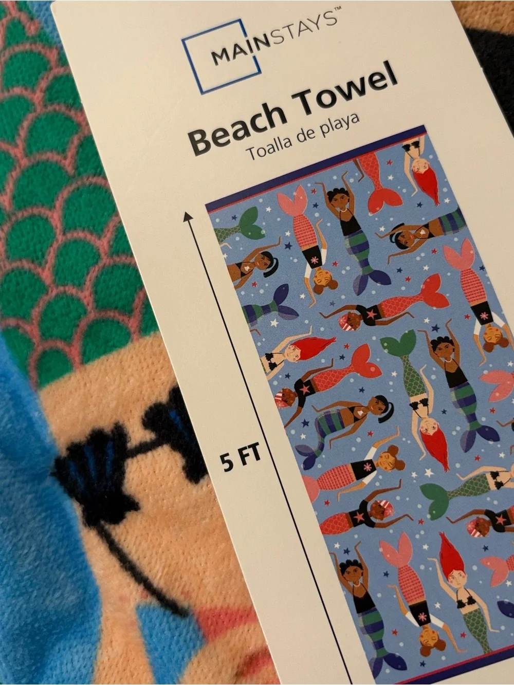 Mainstays Mermaid Print Beach Towel in Light Blue with Multicolor Tails